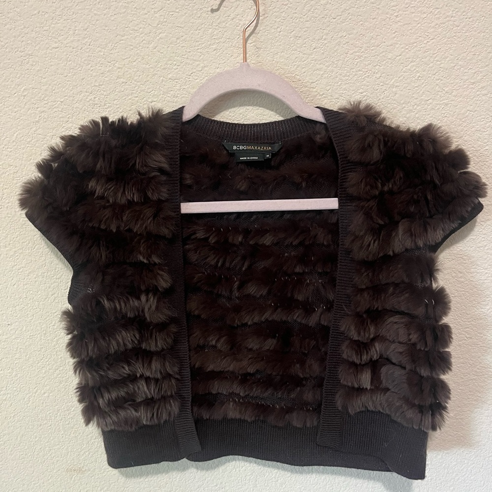BCBGMaxAzria Black Short-Sleeve Faux Fur Bolero